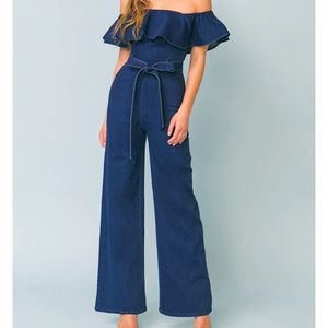 Size M Off the Shoulder Denim Jumpsuit/ wide leg